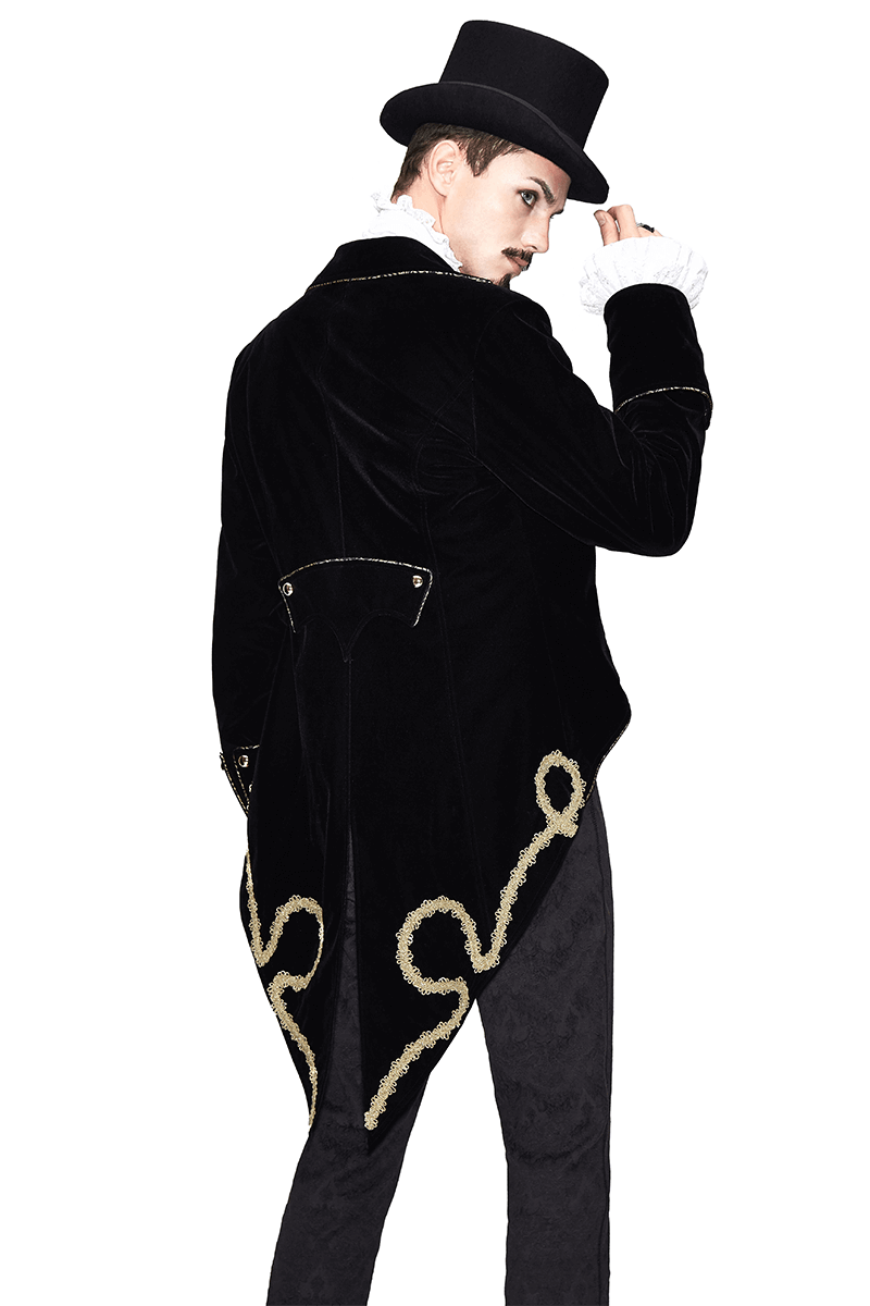 Alternative Black Male Coat with Golden Embroidery / Vintage Men's Goth Velvet Coats