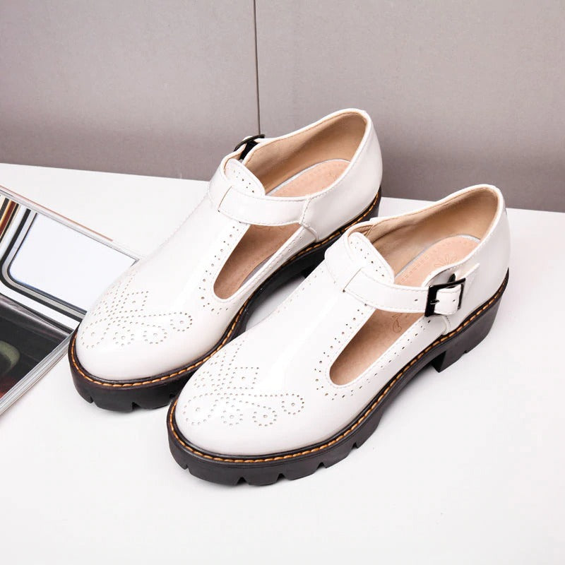 CLEARANCE / Alternative Fashion Brogue Round Toe Flats with Buckle Strap / Aesthetic Shoes
