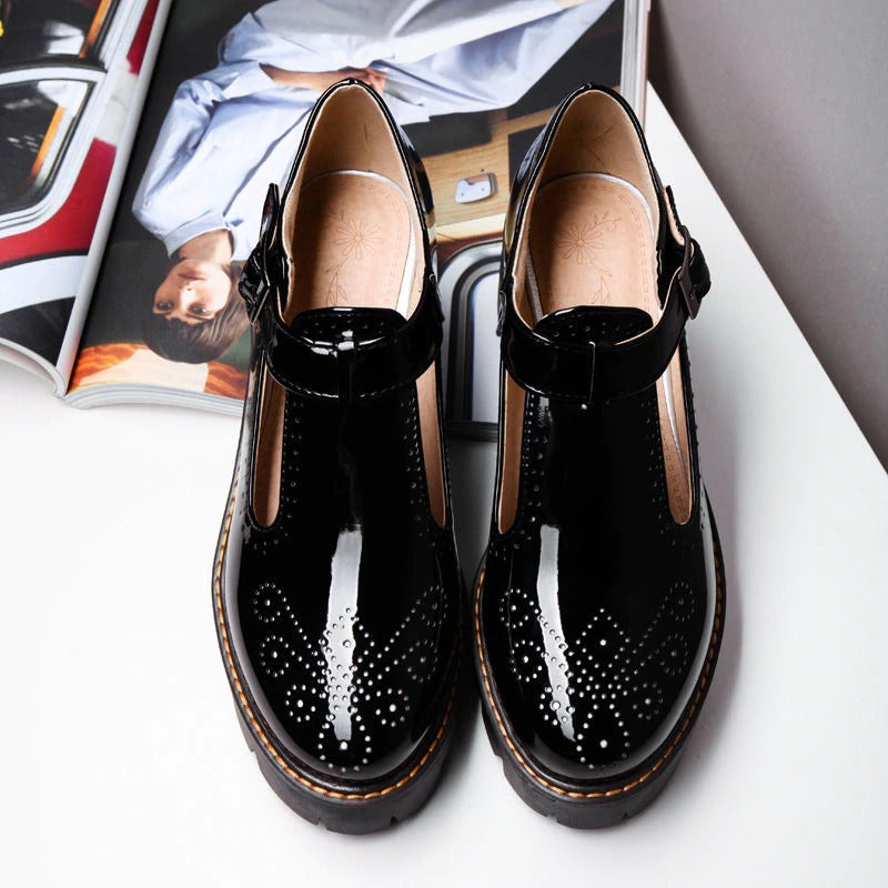 Alternative Fashion Brogue Round Toe Flats with Buckle Strap / Aesthetic Shoes for Women