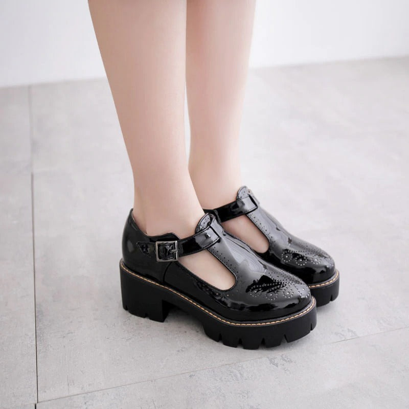 CLEARANCE / Alternative Fashion Brogue Round Toe Flats with Buckle Strap / Aesthetic Shoes