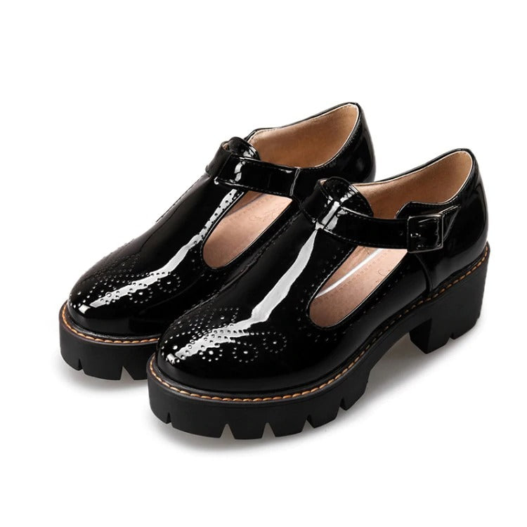 Alternative Fashion Brogue Round Toe Flats with Buckle Strap / Aesthetic Shoes for Women
