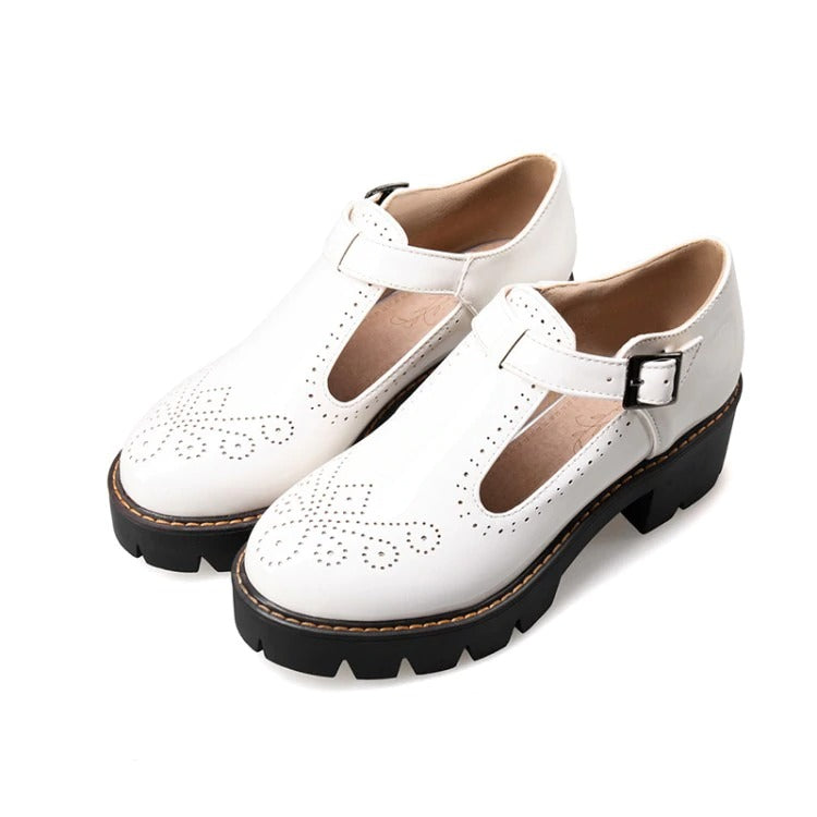 CLEARANCE / Alternative Fashion Brogue Round Toe Flats with Buckle Strap / Aesthetic Shoes