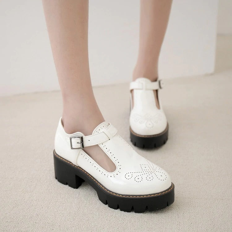 CLEARANCE / Alternative Fashion Brogue Round Toe Flats with Buckle Strap / Aesthetic Shoes