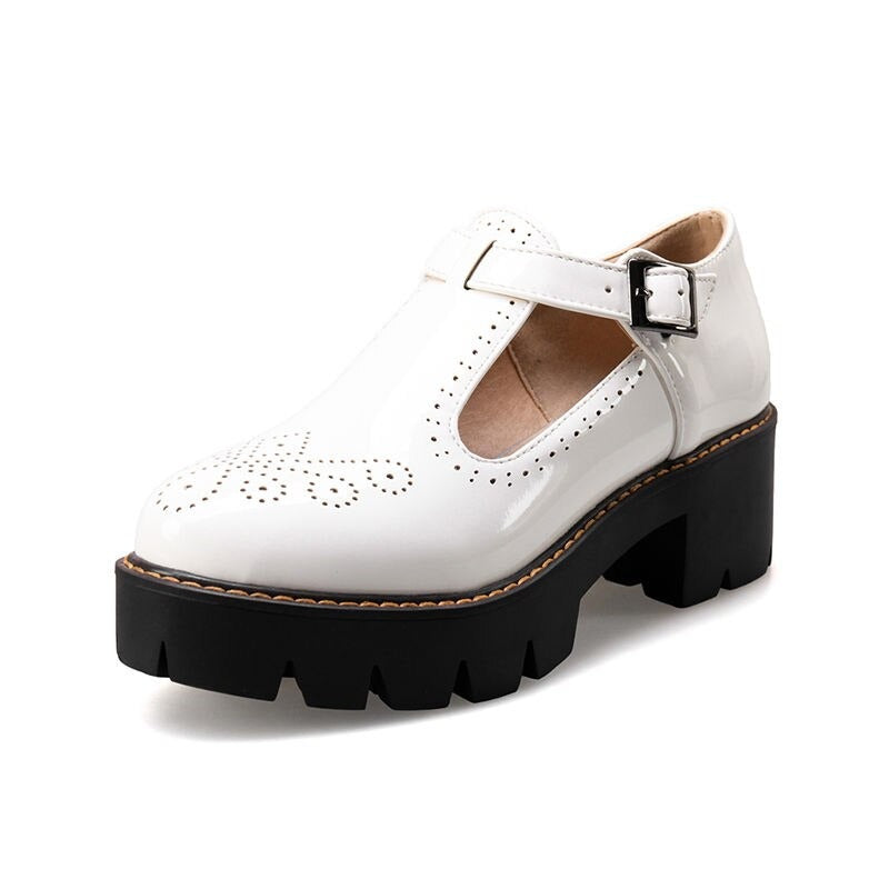 Alternative Fashion Brogue Round Toe Flats with Buckle Strap / Aesthetic Shoes for Women
