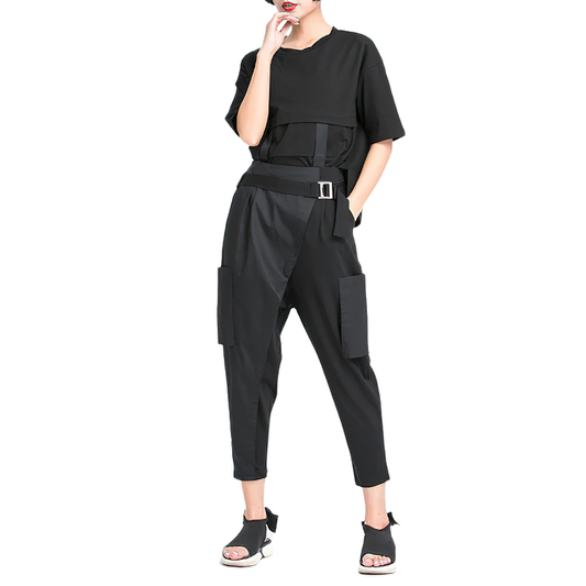 Alternative Style High Elastic Waist Black Trousers / Women's Fashion Loose Fit Pants