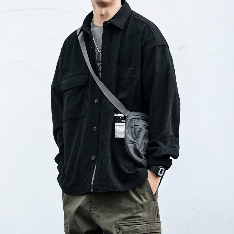 Alternative Style Waffle Plaid Shirts for Men / Loose Men's Clothing with Pockets