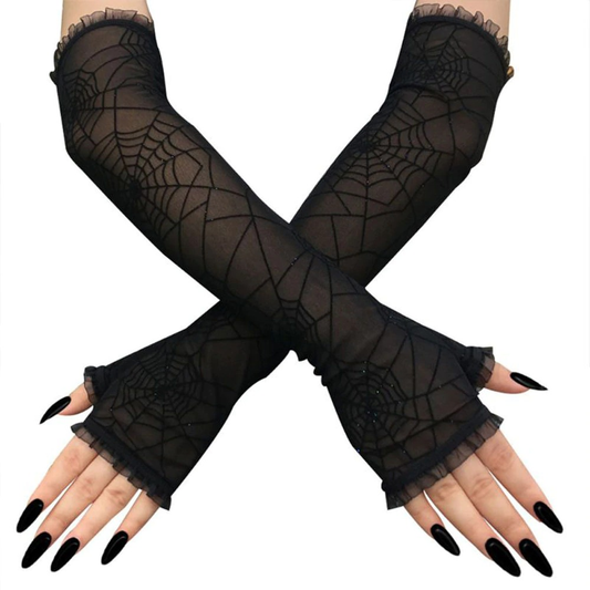 Alternative Style Women Long Gloves / Fingerless Gloves with Spider Web Print