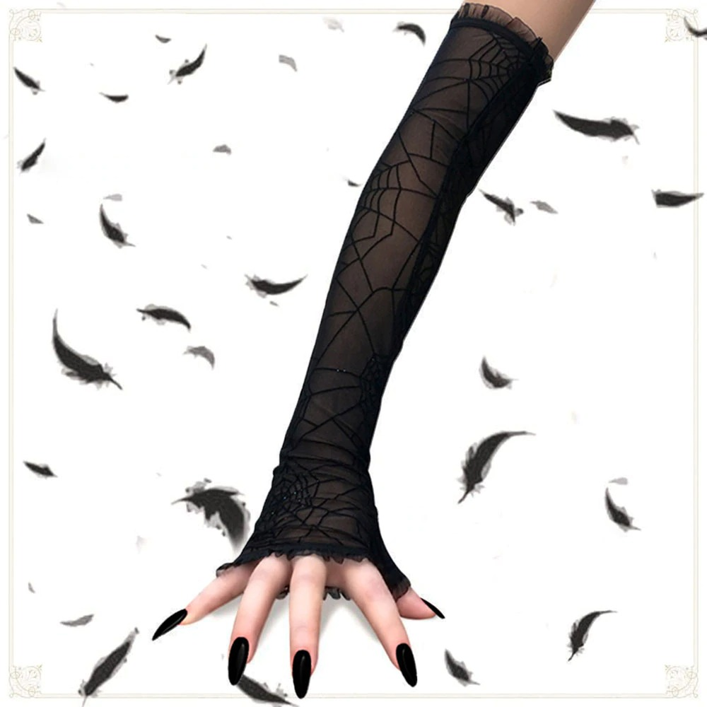 Alternative Style Women Long Gloves / Fingerless Gloves with Spider Web Print