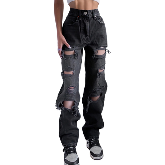 Alternative Women's Black Jeans / High Waist Lady Streetwear / Hole Loose Female Pants