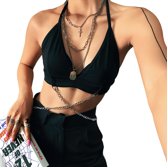 Alternative Women's Top With Metal Chain / Sexy Female Black Streetwear