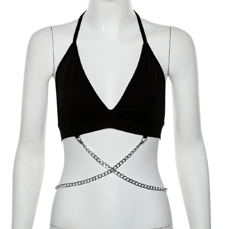 Alternative Women's Top With Metal Chain / Sexy Female Black Streetwear
