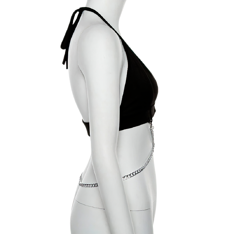 Alternative Women's Top With Metal Chain / Sexy Female Black Streetwear