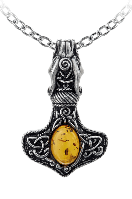 Amber Norse Thor Hammer Pendant with Dragon Design