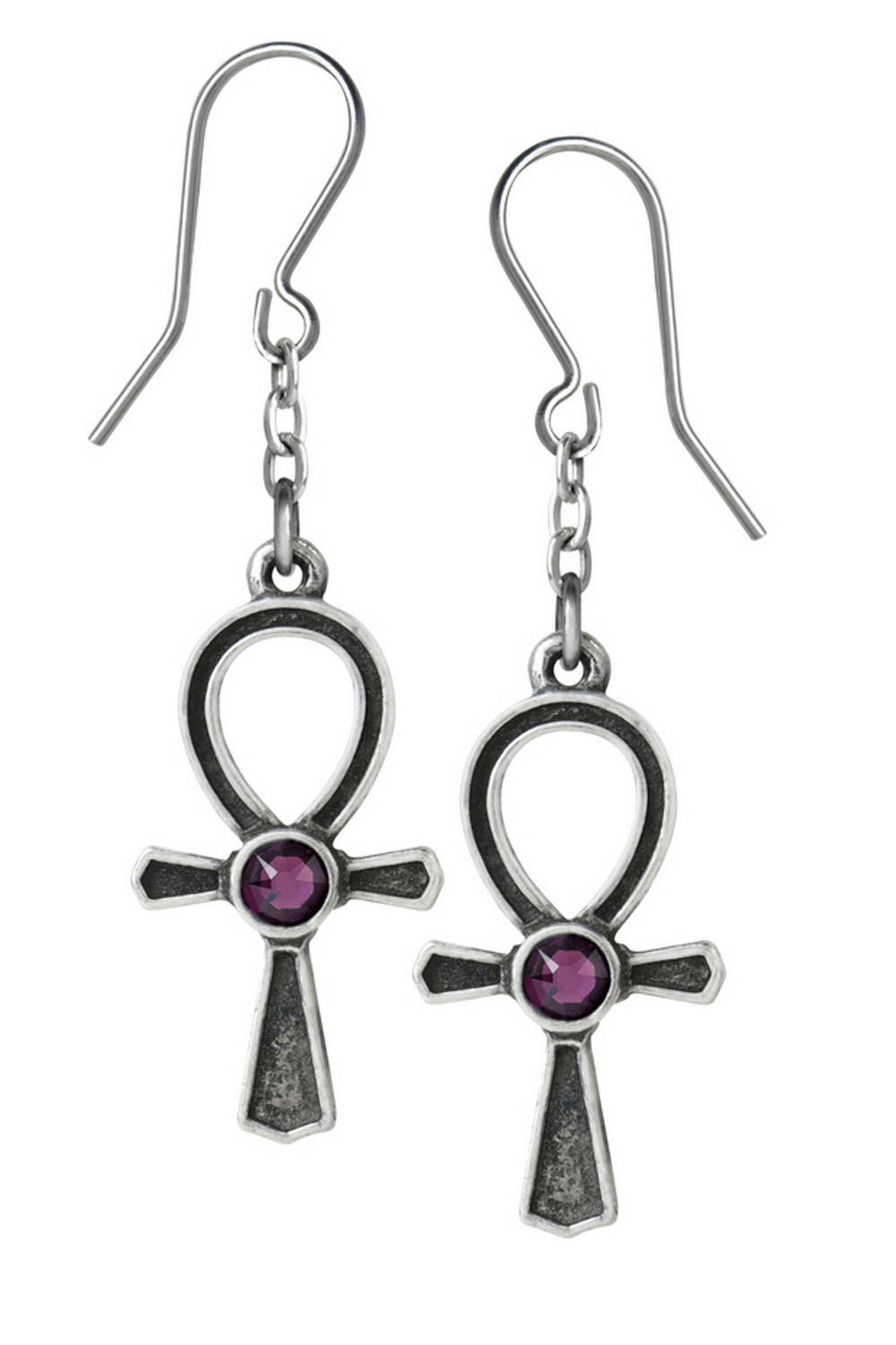 Ankh Earrings with Amethyst Gemstone and Chain Drop