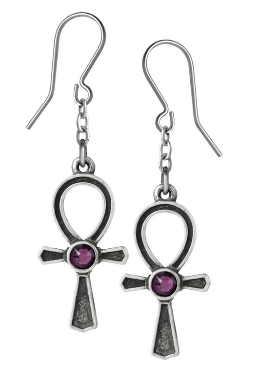 Ankh Earrings with Amethyst Gemstone and Chain Drop