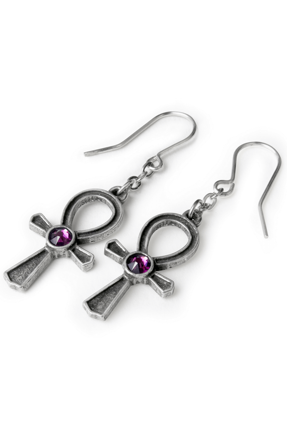 Ankh Earrings with Amethyst Gemstone and Chain Drop