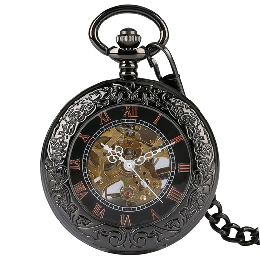 Antique Black Mechanical Pocket Watch / Elegant Waches with Roman Numerals on Display