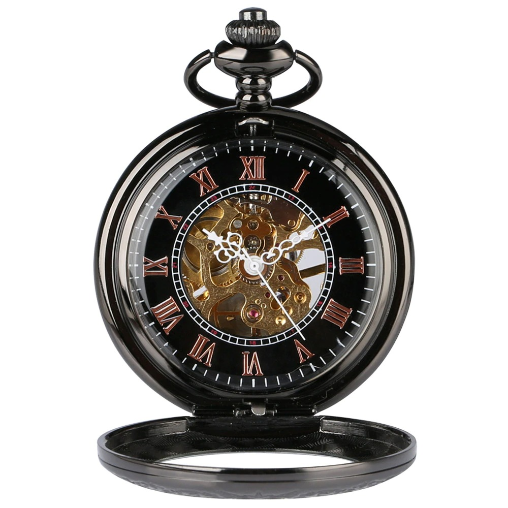 Antique Black Mechanical Pocket Watch / Elegant Waches with Roman Numerals on Display