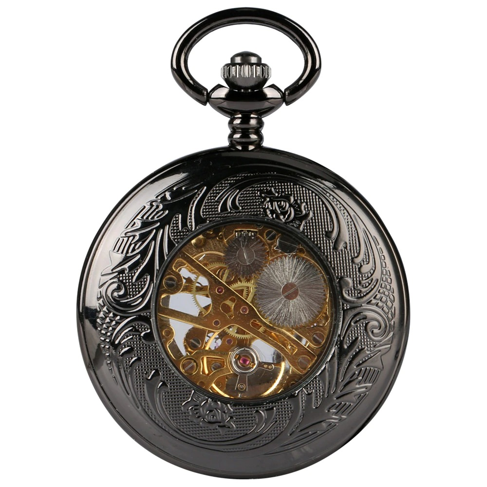Antique Black Mechanical Pocket Watch / Elegant Waches with Roman Numerals on Display