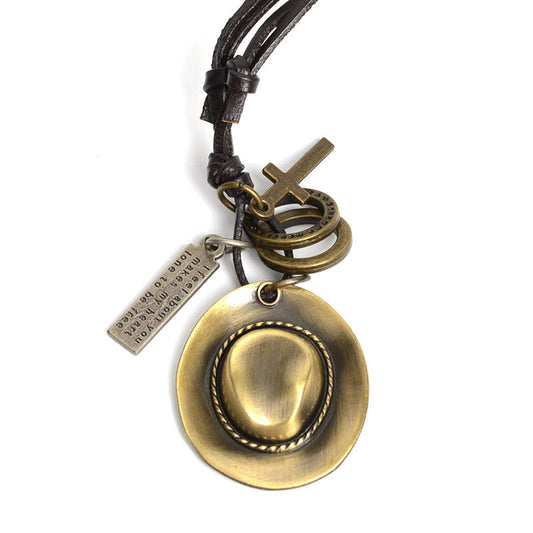 Antique Cowboy Hat Leather Rope Pendant Necklaces / Western Style Accessories