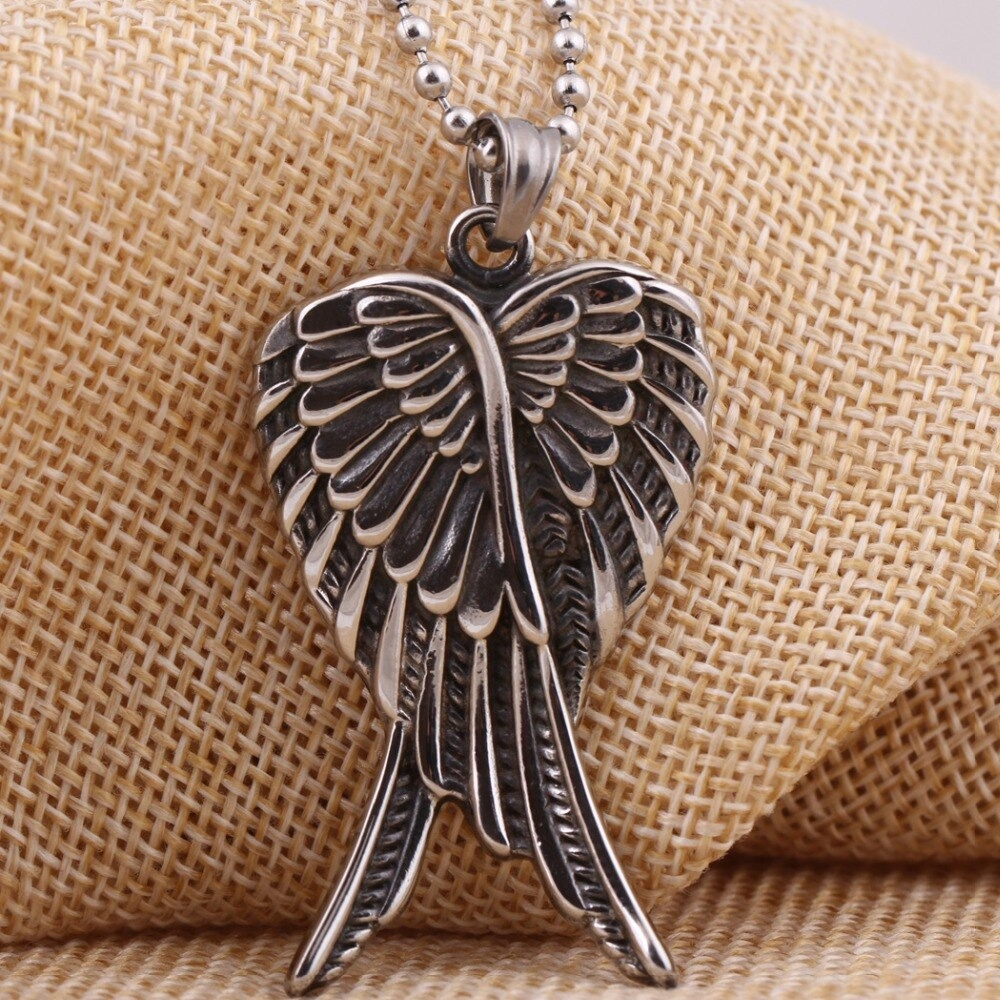 Antique Design Overlap Angel Wings Pendant Necklace / Stainless Steel Punk Style Jewelry