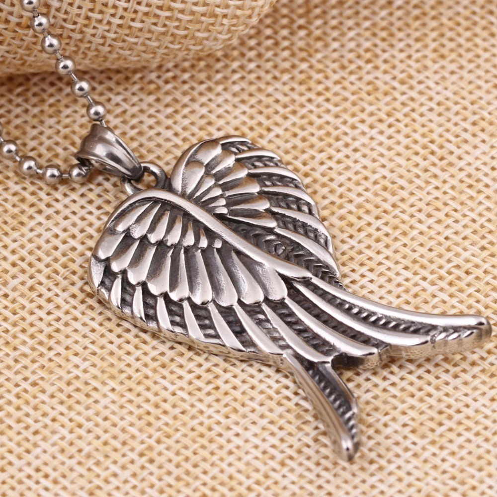 Antique Design Overlap Angel Wings Pendant Necklace / Stainless Steel Punk Style Jewelry