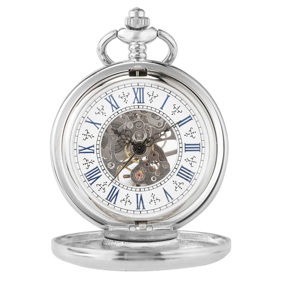 Antique Mechanical Hand Wind Pocket Watch / Exquisite Clock with Display of Blue Roman Numerals