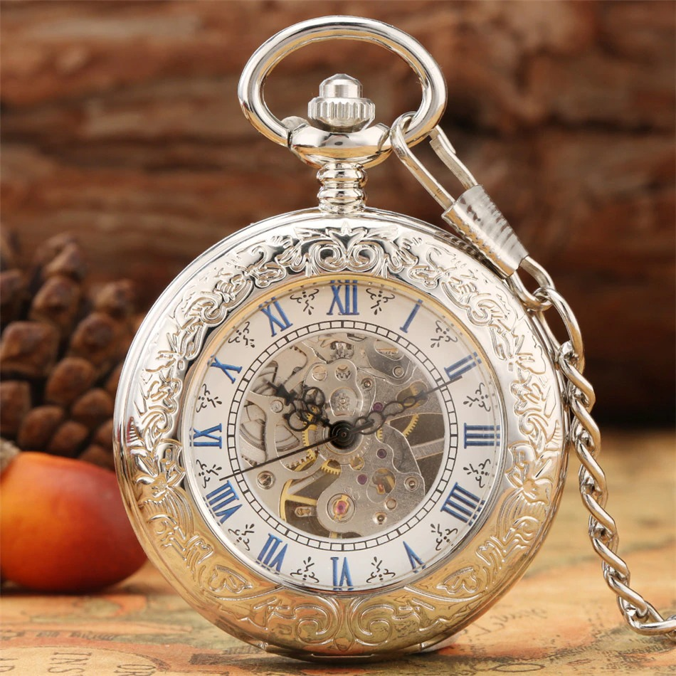 Antique Mechanical Hand Wind Pocket Watch / Exquisite Clock with Display of Blue Roman Numerals