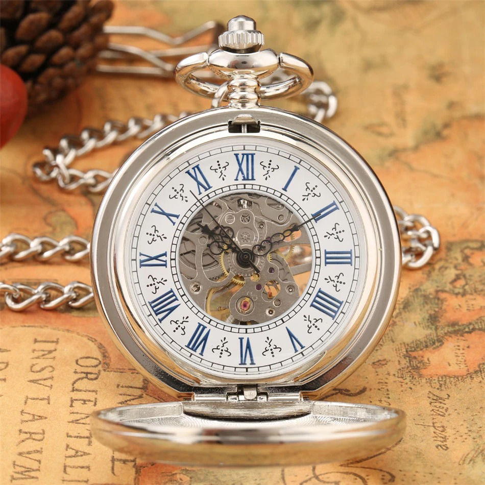 Antique Mechanical Hand Wind Pocket Watch / Exquisite Clock with Display of Blue Roman Numerals