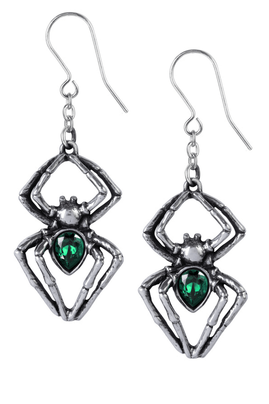 Antique Pewter Spider Earrings with Green Austrian Crystals