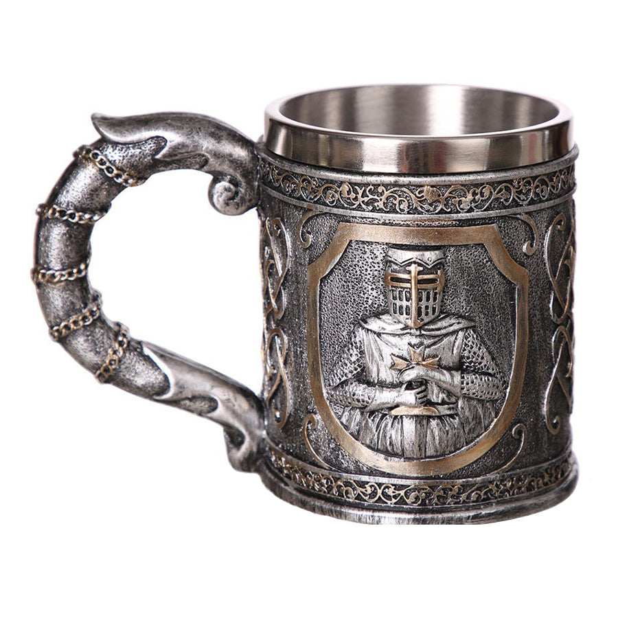 Armor Warrior Resin and Stainless Steel Beer 450ml Mug / Retro Viking Pub Bar Mug with Knight