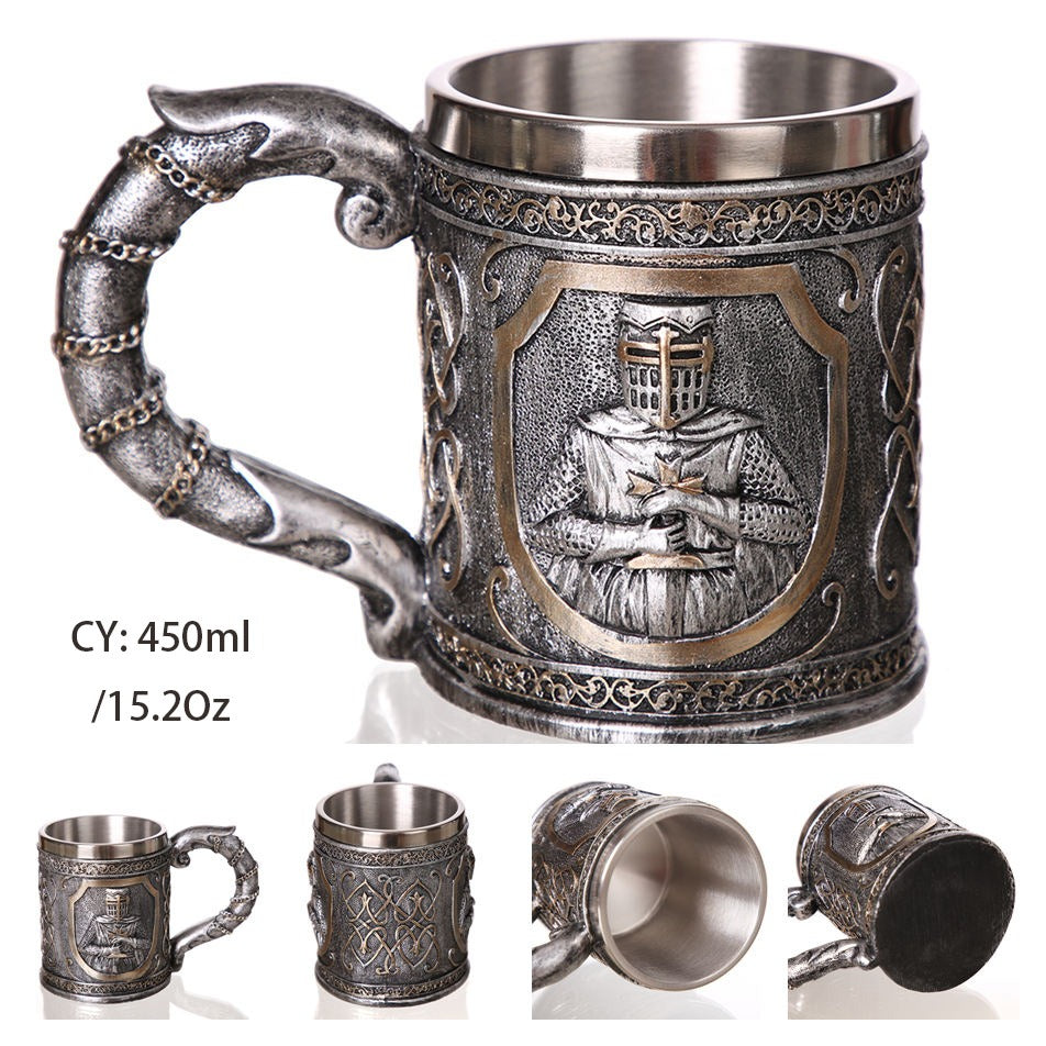 Armor Warrior Resin and Stainless Steel Beer 450ml Mug / Retro Viking Pub Bar Mug with Knight