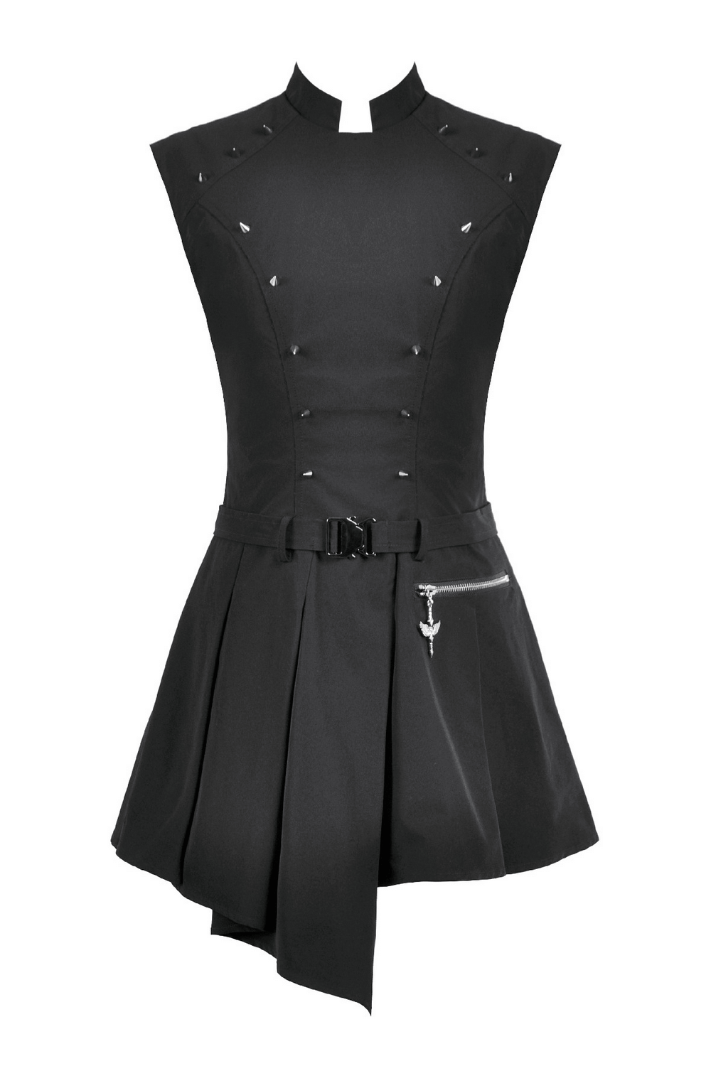 Asymmetric Gothic Studded Dress with Belt and Zipper
