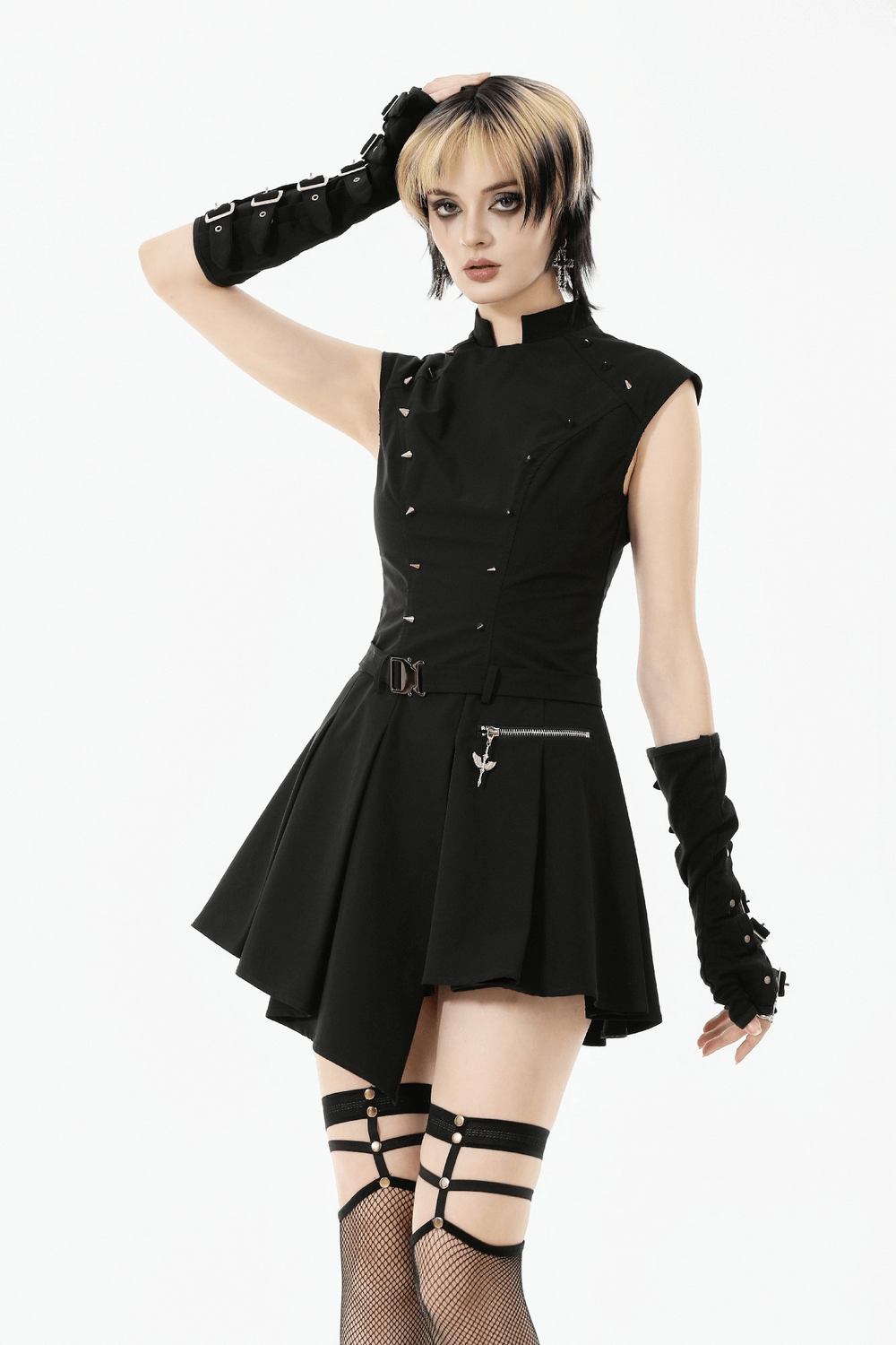 Asymmetric Gothic Studded Dress with Belt and Zipper
