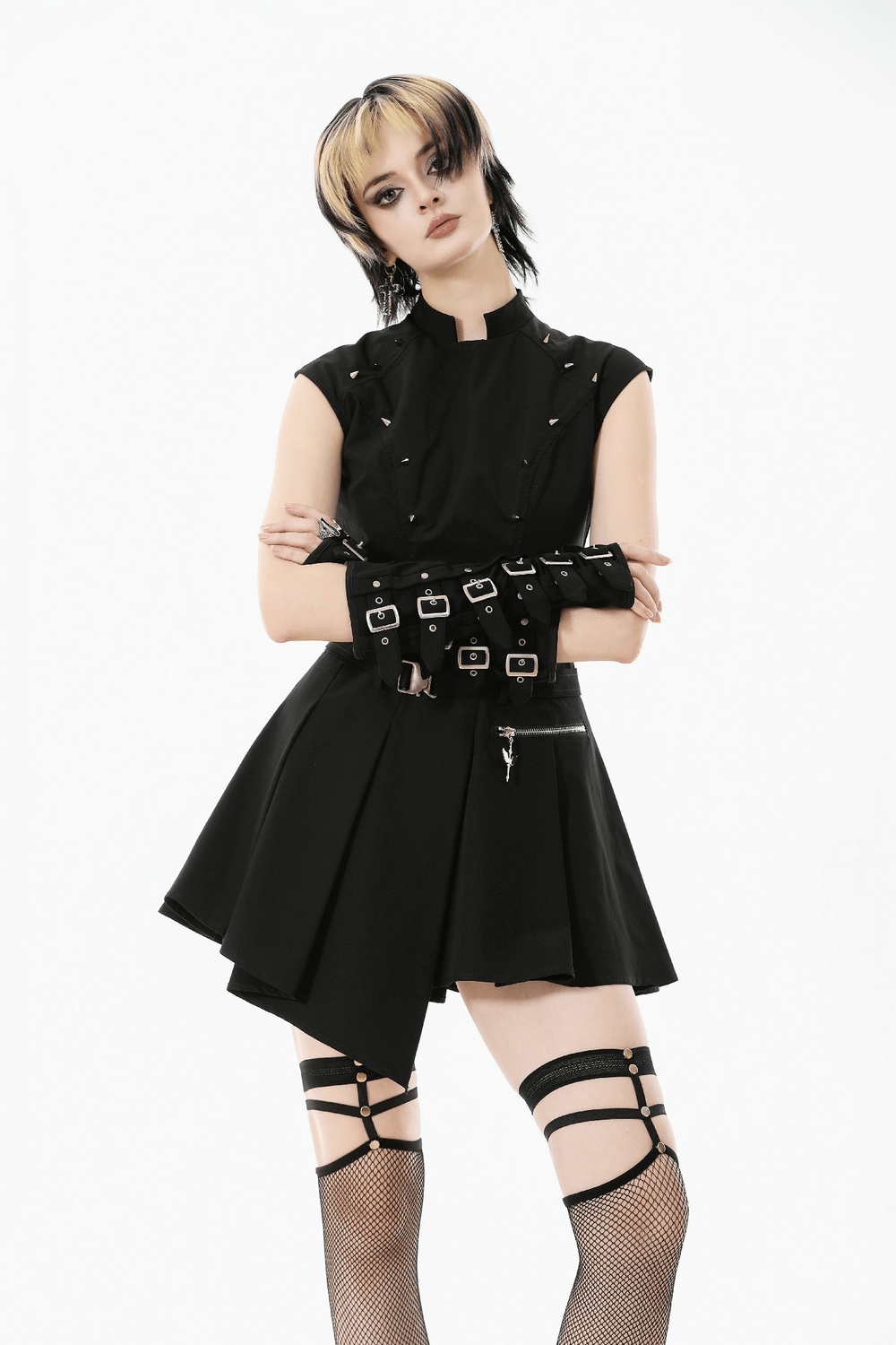 Asymmetric Gothic Studded Dress with Belt and Zipper