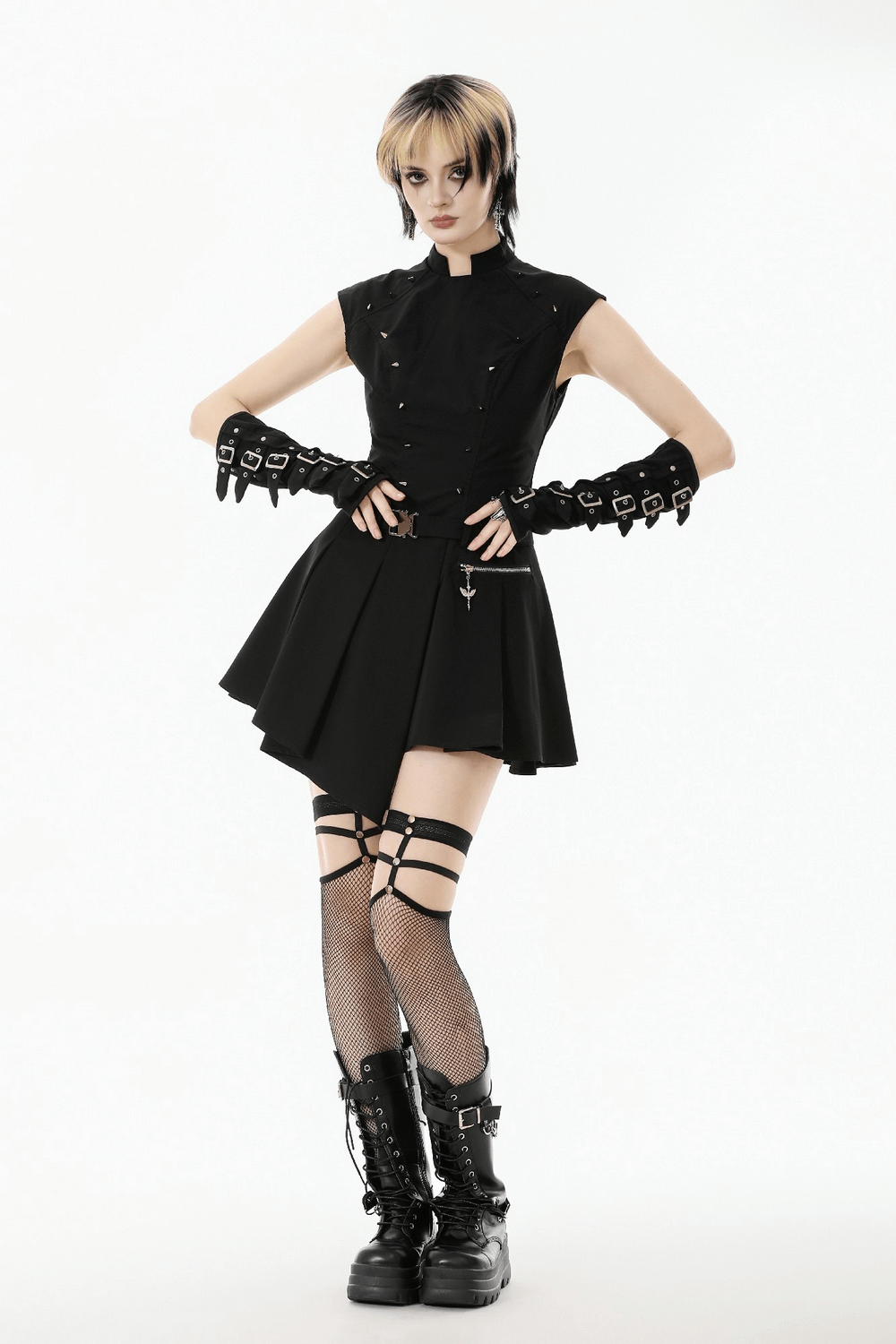 Asymmetric Gothic Studded Dress with Belt and Zipper
