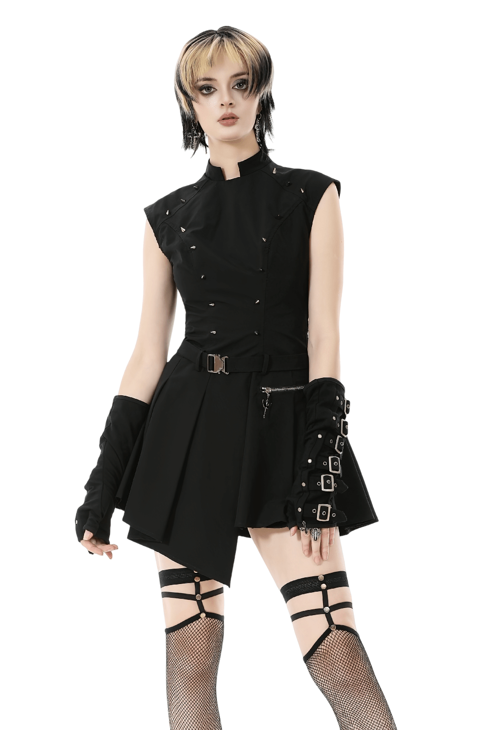 Asymmetric Gothic Studded Dress with Belt and Zipper