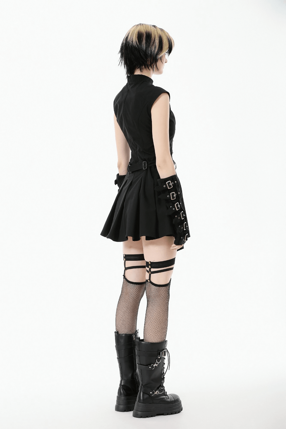 Asymmetric Gothic Studded Dress with Belt and Zipper