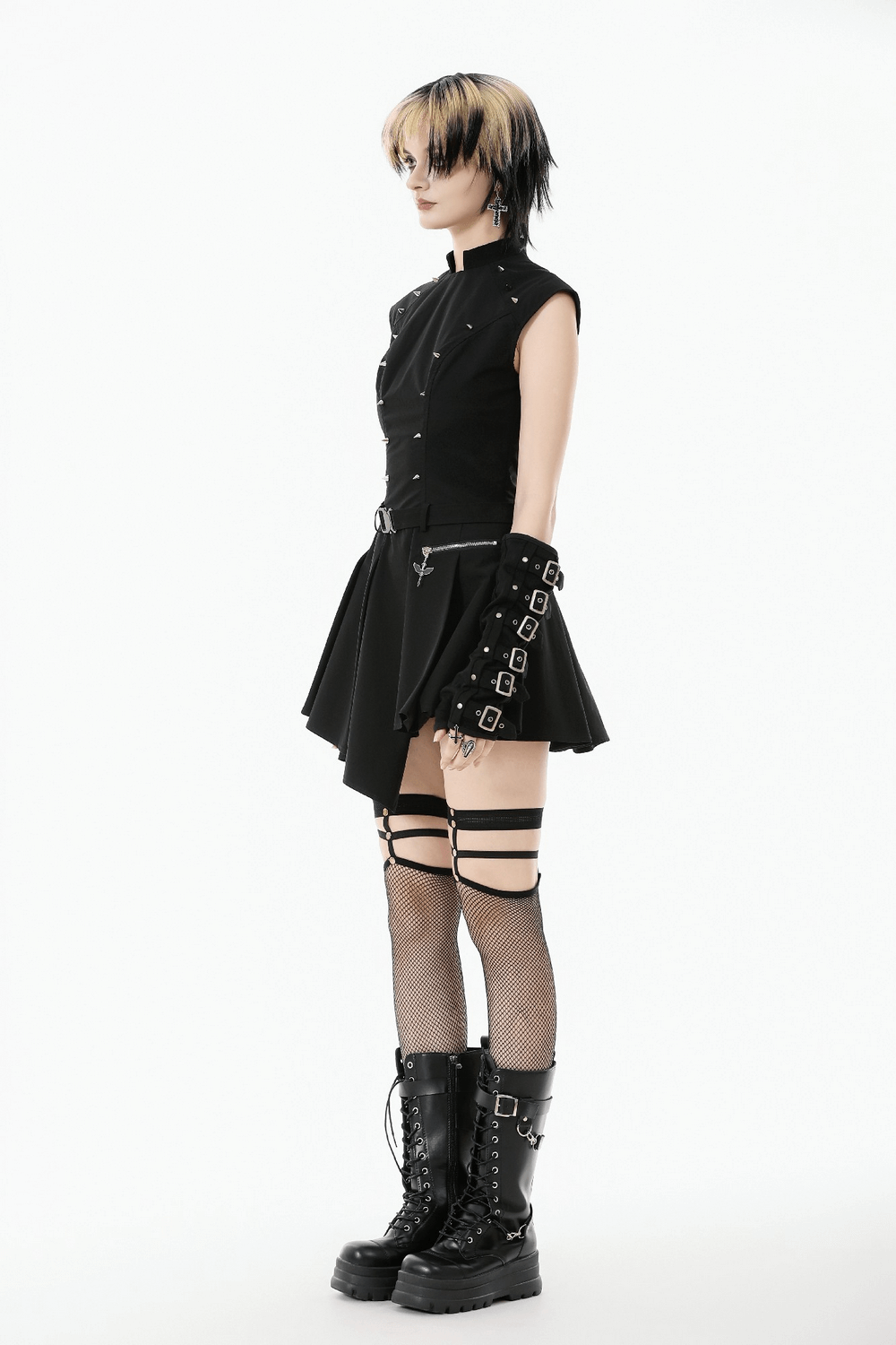 Asymmetric Gothic Studded Dress with Belt and Zipper
