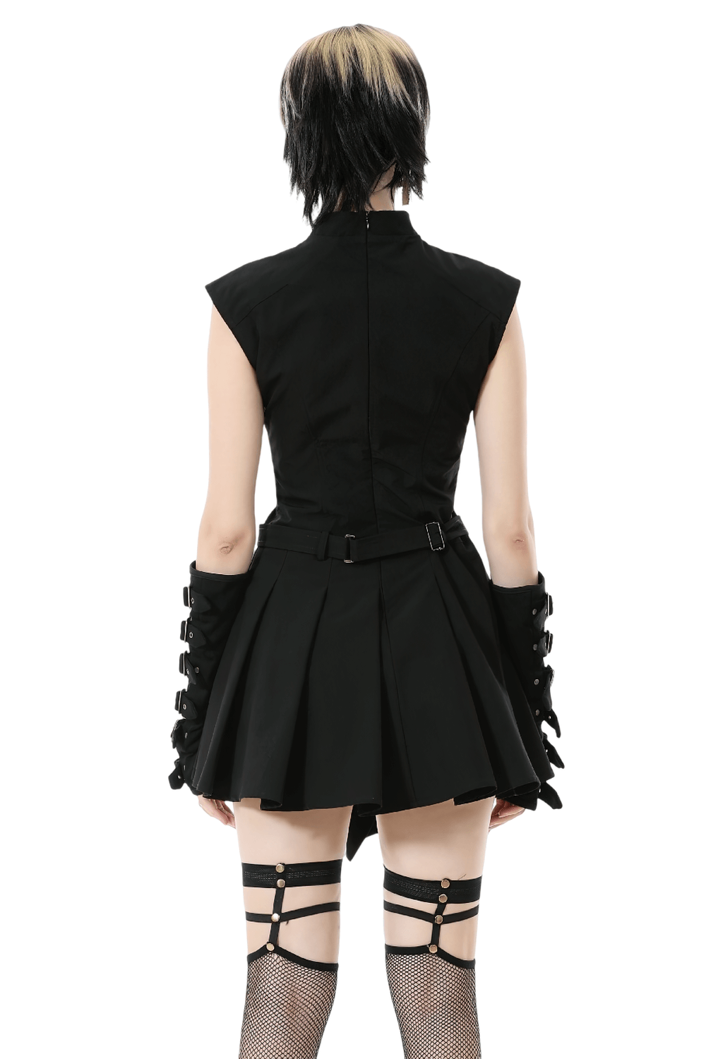Asymmetric Gothic Studded Dress with Belt and Zipper