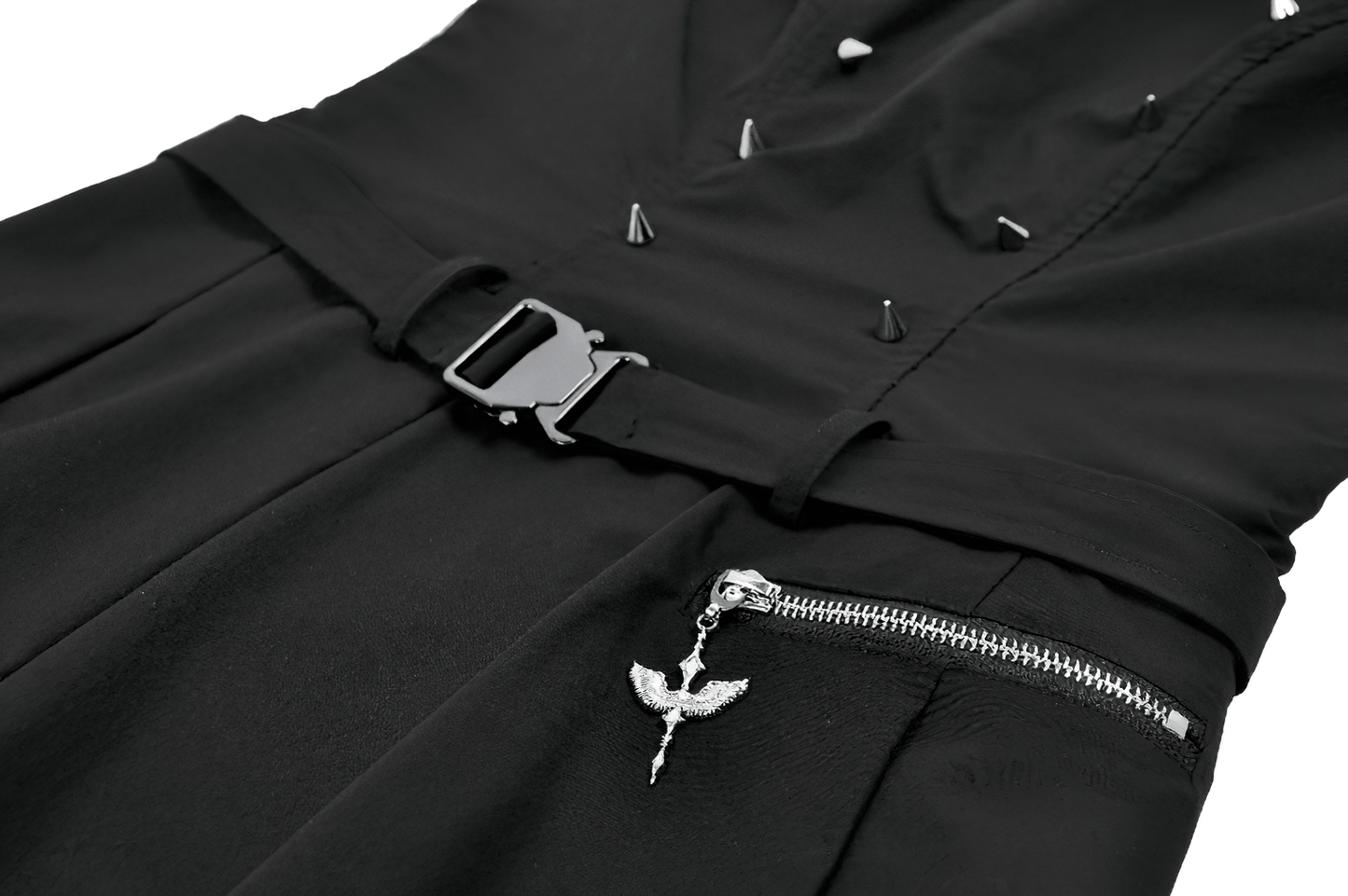 Asymmetric Gothic Studded Dress with Belt and Zipper