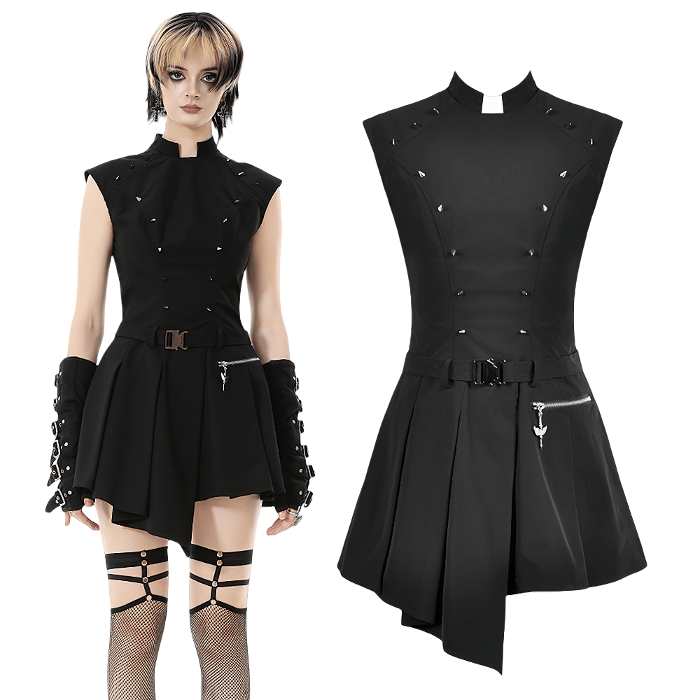 Asymmetric Gothic Studded Dress with Belt and Zipper