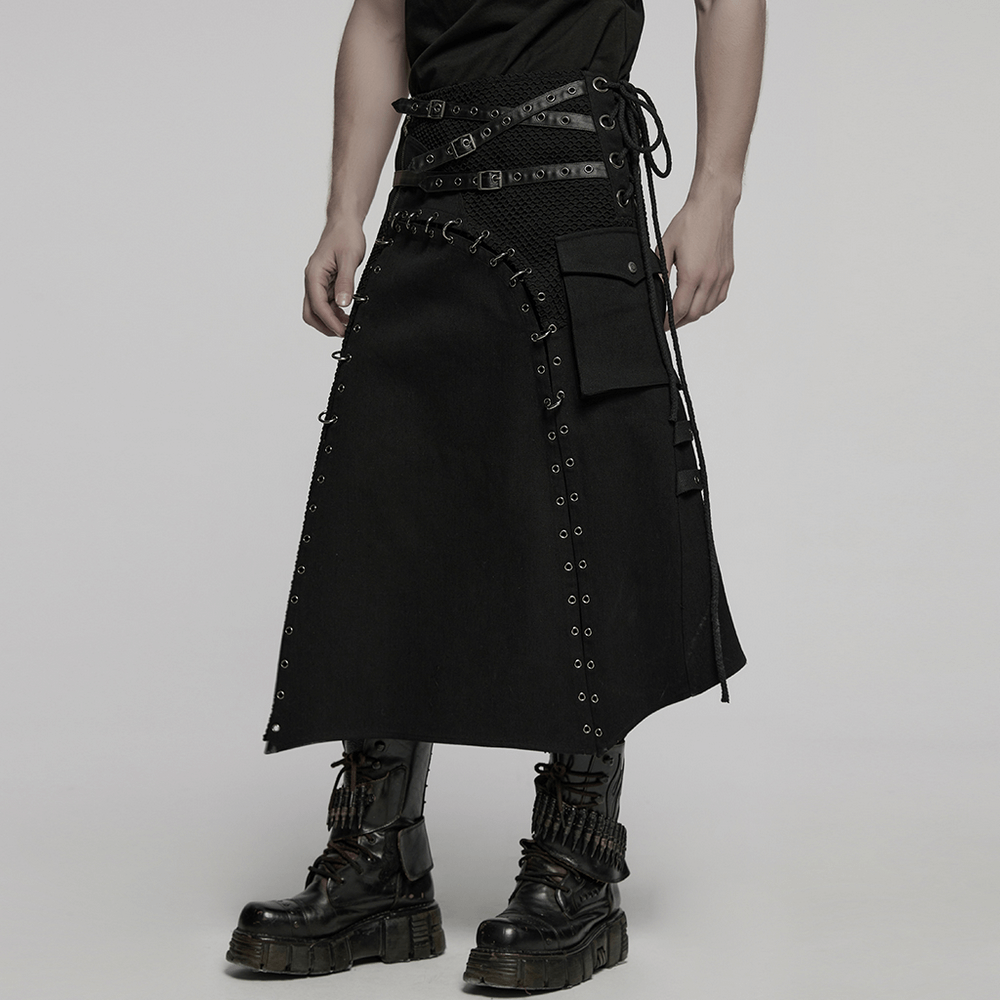 Asymmetric Male Gothic Skirt with Metal Snap Accents