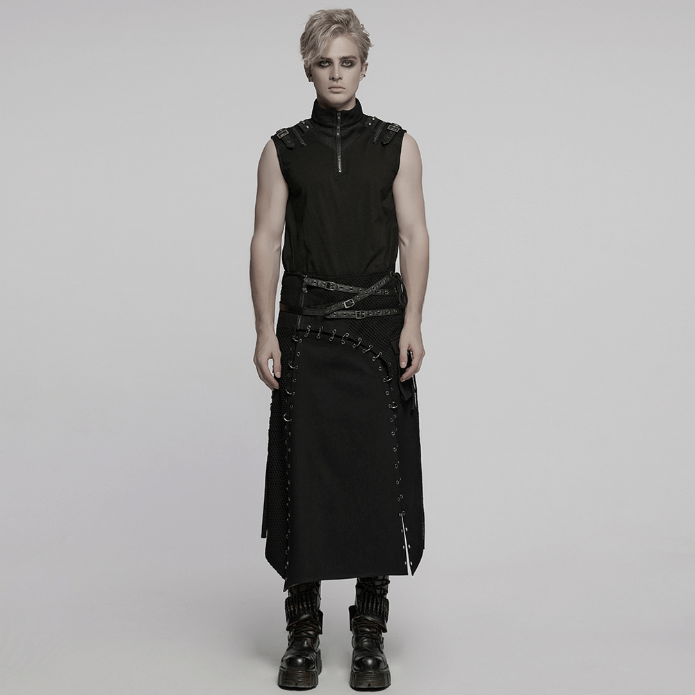 Asymmetric Male Gothic Skirt with Metal Snap Accents