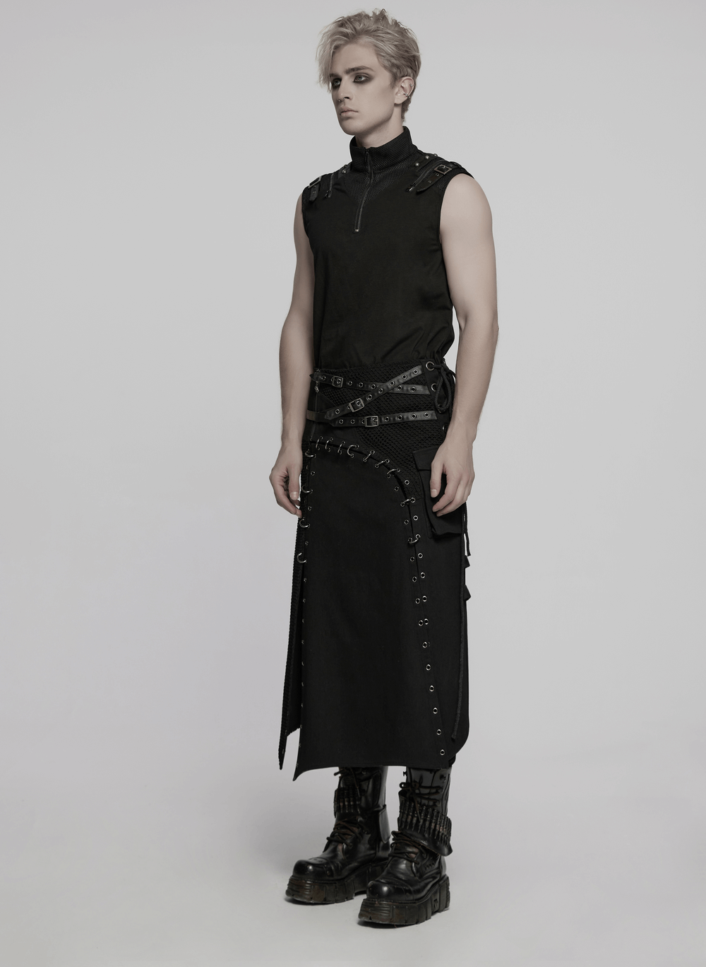 Asymmetric Male Gothic Skirt with Metal Snap Accents