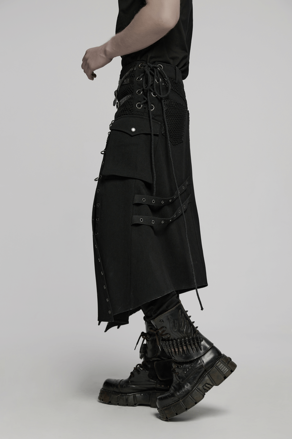 Asymmetric Male Gothic Skirt with Metal Snap Accents