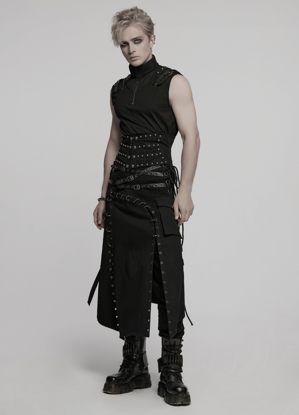 Asymmetric Male Gothic Skirt with Metal Snap Accents