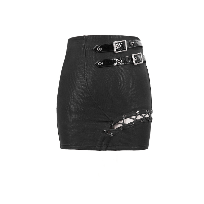 Asymmetric Mini Skirt with Buckles / Gothic Style Women's Black Skirt with Lacing on One Side