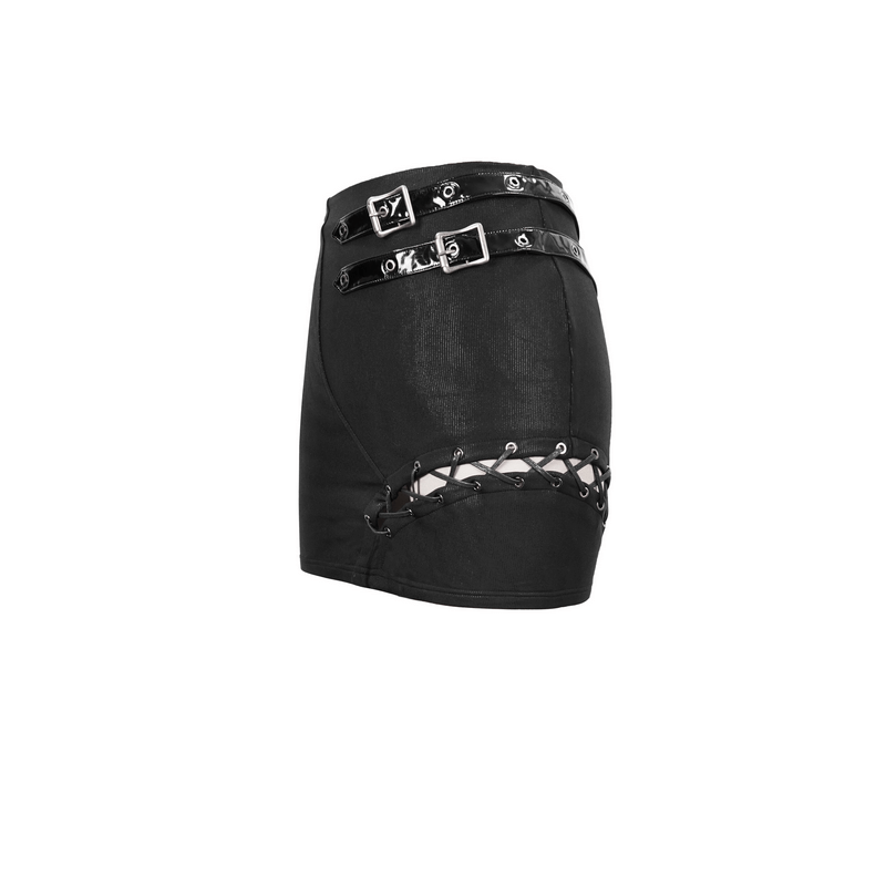 Asymmetric Mini Skirt with Buckles / Gothic Style Women's Black Skirt with Lacing on One Side