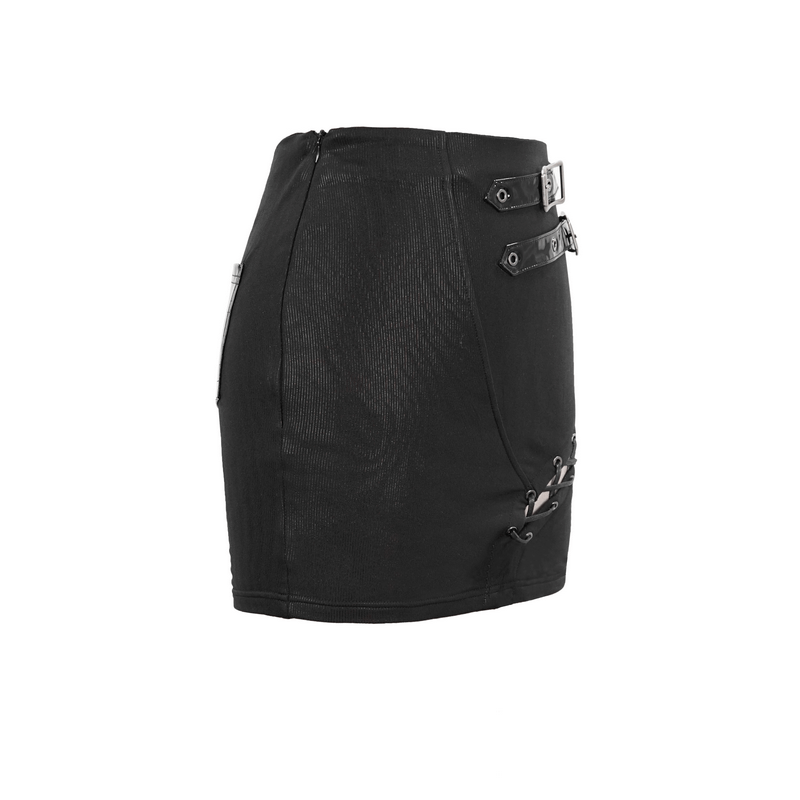 Asymmetric Mini Skirt with Buckles / Gothic Style Women's Black Skirt with Lacing on One Side